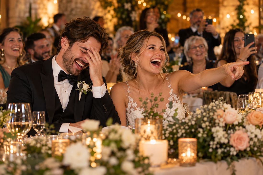 Ein lachendes Brautpaar bei der Auflösung einer Quizfrage auf seiner Hochzeit.